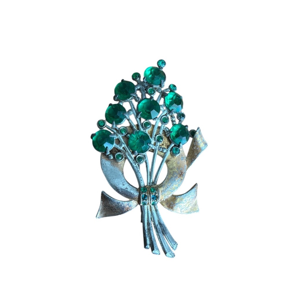 Silver Toned Green Rhinestone Brooch